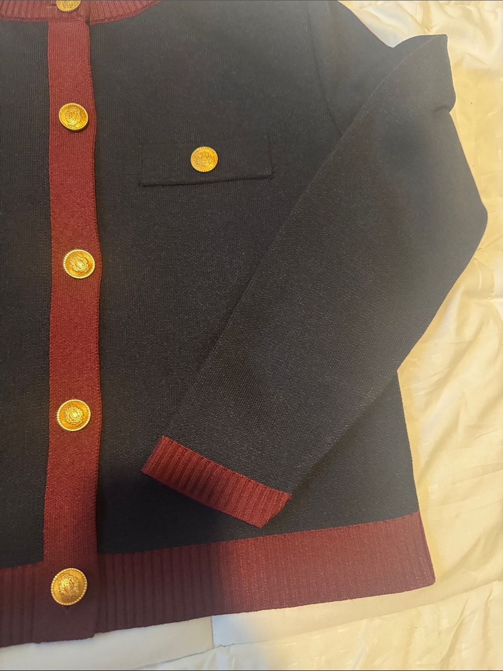 Zara Navy Cardigan with Burgundy Trim and Gold Buttons - Picture 3 of 4